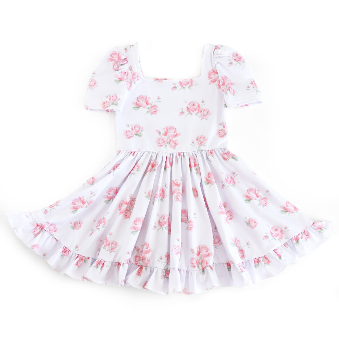 girls' white mod twirl dress with dainty light pink rose print for spring