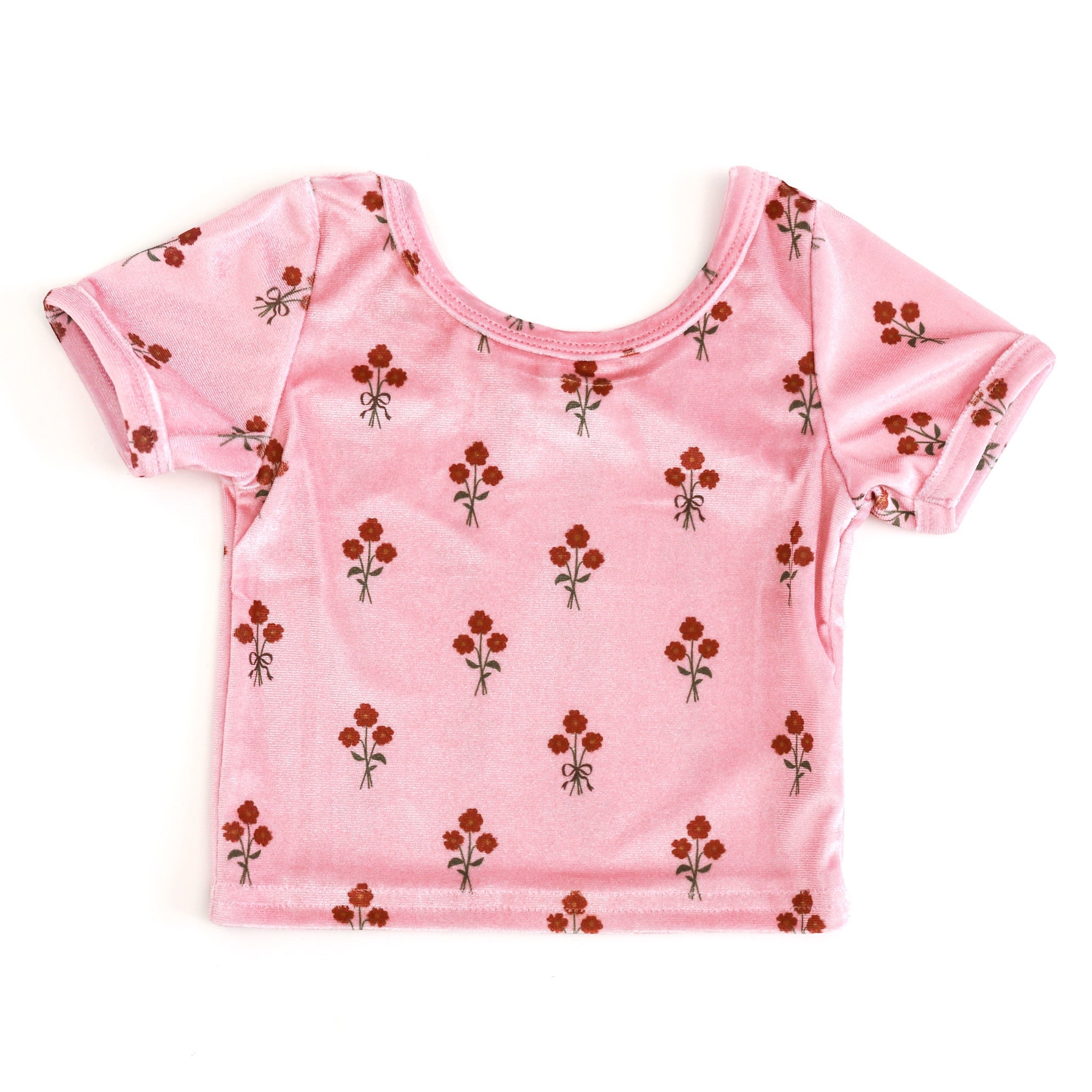 short sleeve pink velvet top with petite fall floral bouquet  print in pumpkin spice