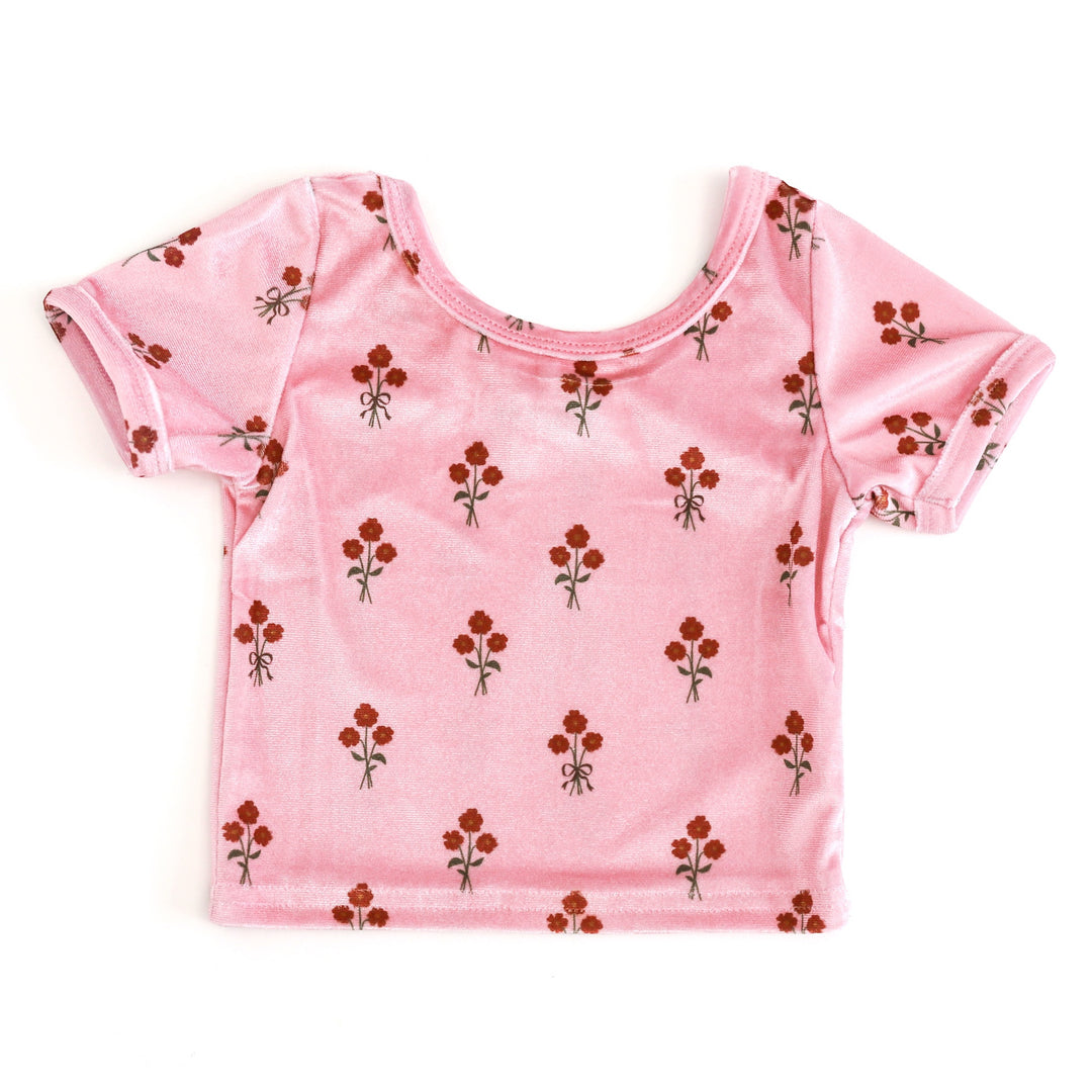 short sleeve pink velvet top with petite fall floral bouquet  print in pumpkin spice