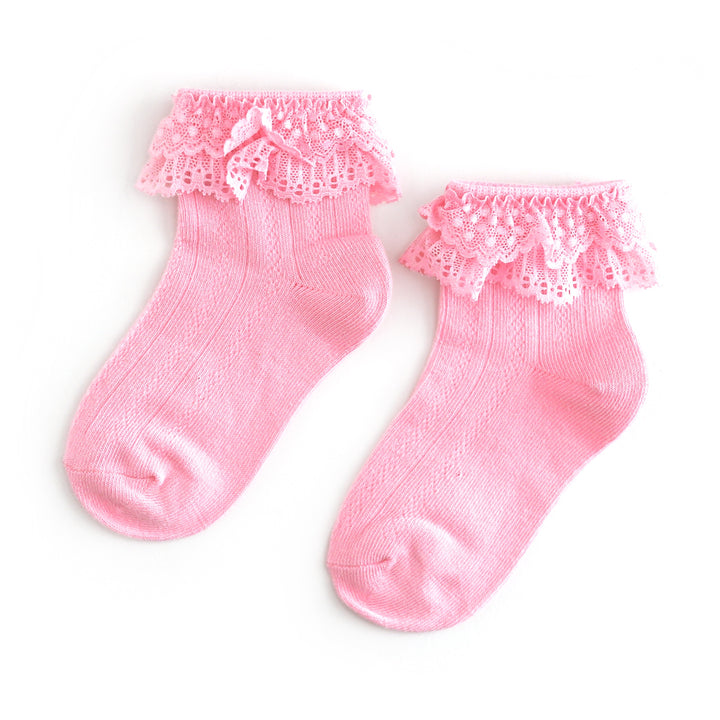 girls' pink bobby socks with pink lace trim