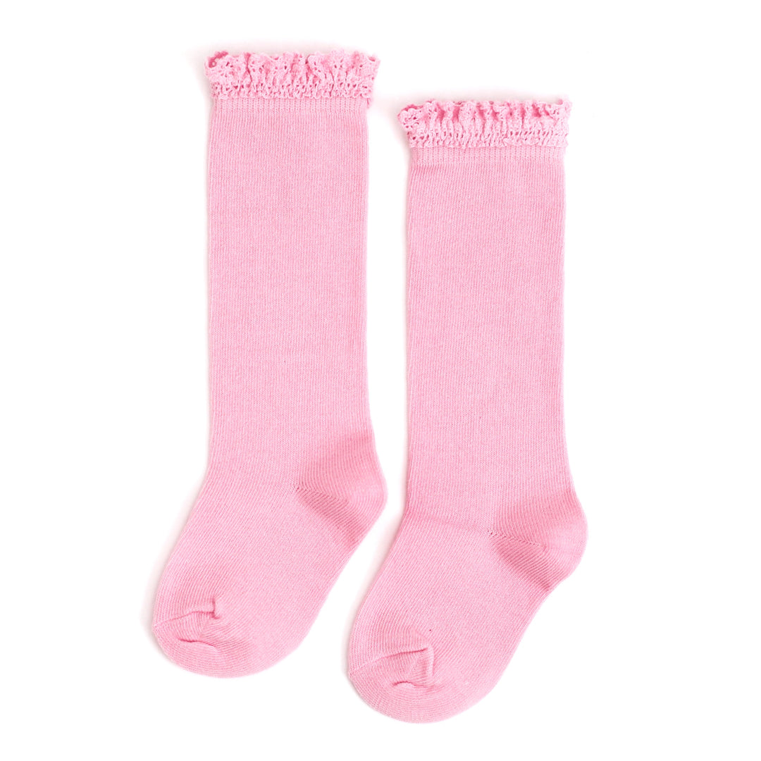 blossom pink lace top knee high socks for babies, toddlers and girls