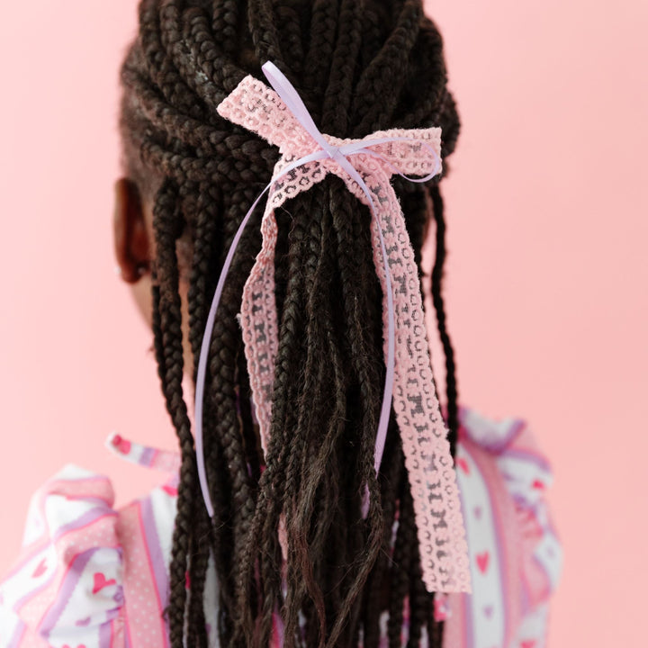 girls long tail pink lace bow with lavender ribbon overlay to match wallpaper inspired Valentine's dress