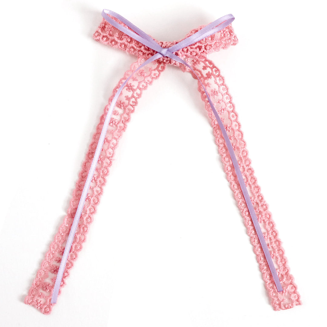 girls pink lace long tail bow on clip with lavender satin ribbon detail