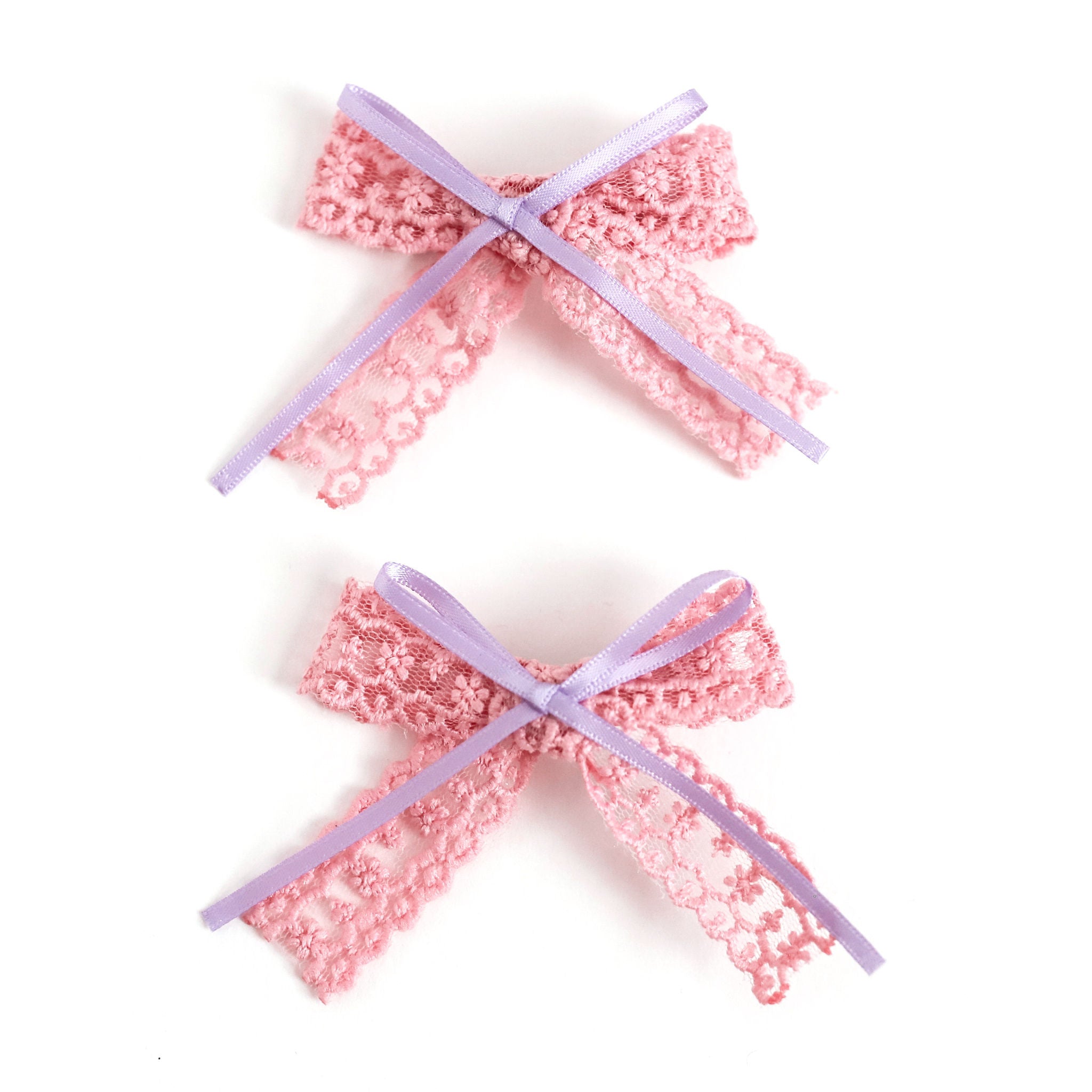 girls pink lace pigtail bows with lavender satin ribbon detail to match Valentine's outfits