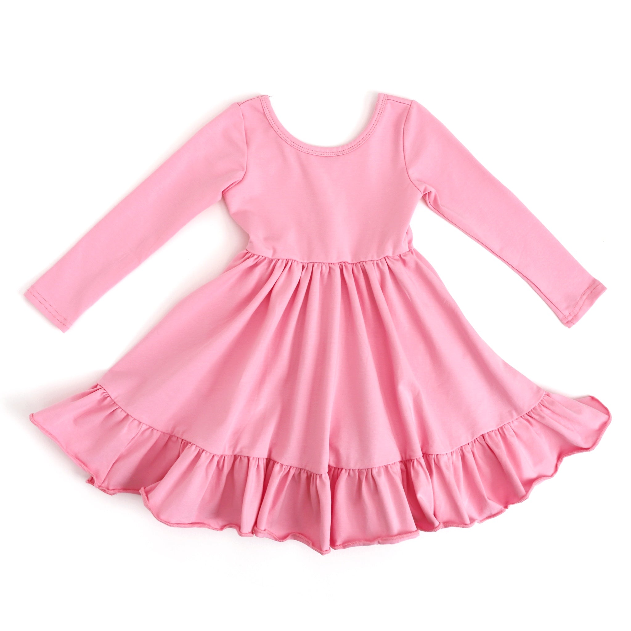 little girls cotton twirly dress with long sleeves in pastel pink for pink Christmas