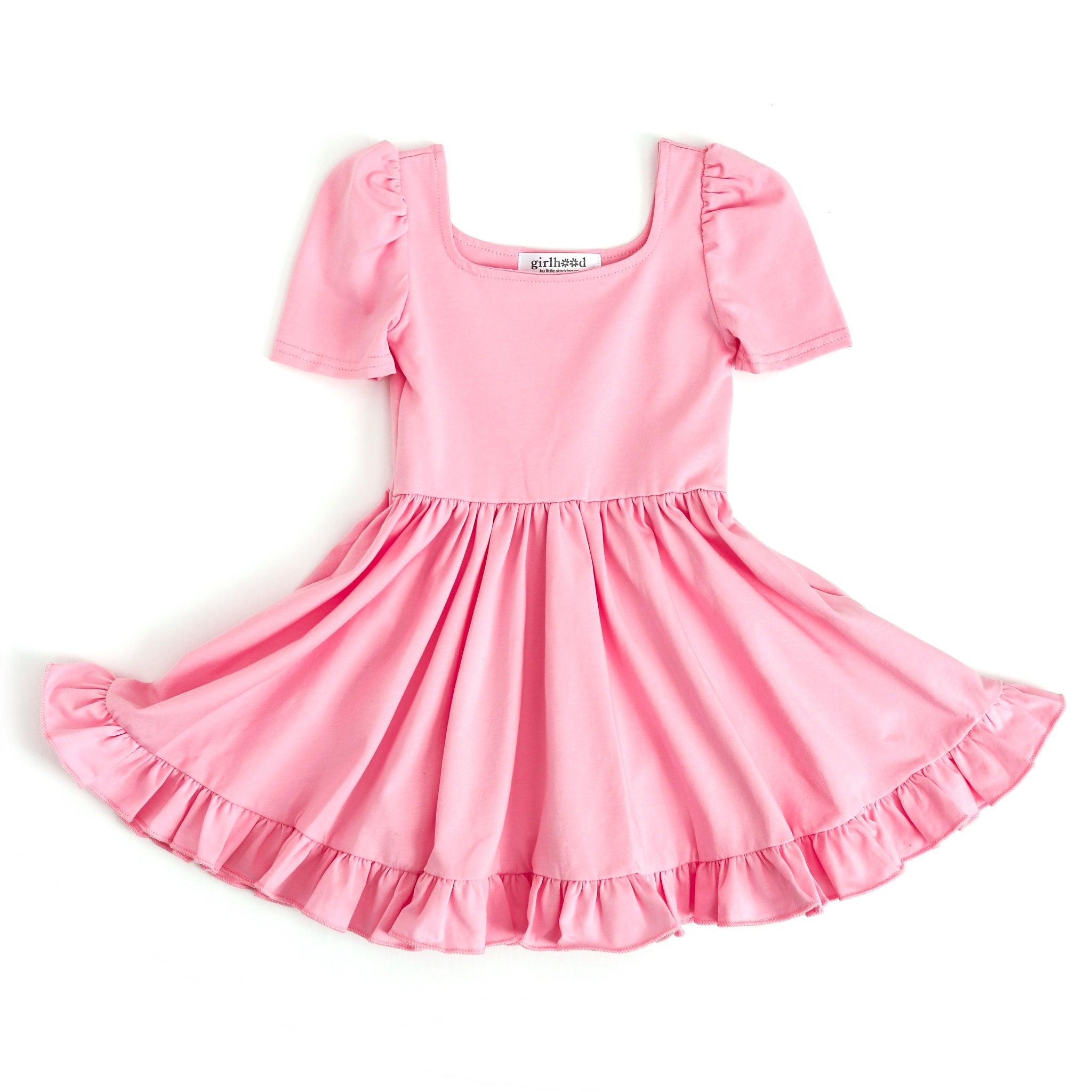 girls stretchy cotton twirl dress with square neckline in pastel pink