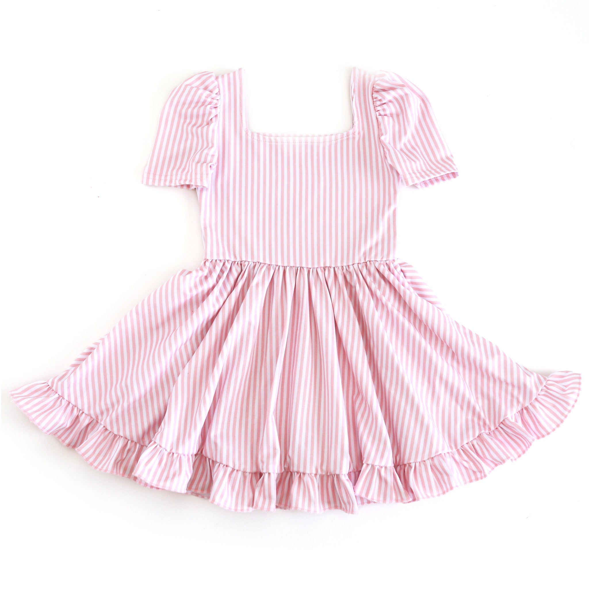 girls' white and light pink pinstripe twirl dress with square neckline and short puffed sleeves