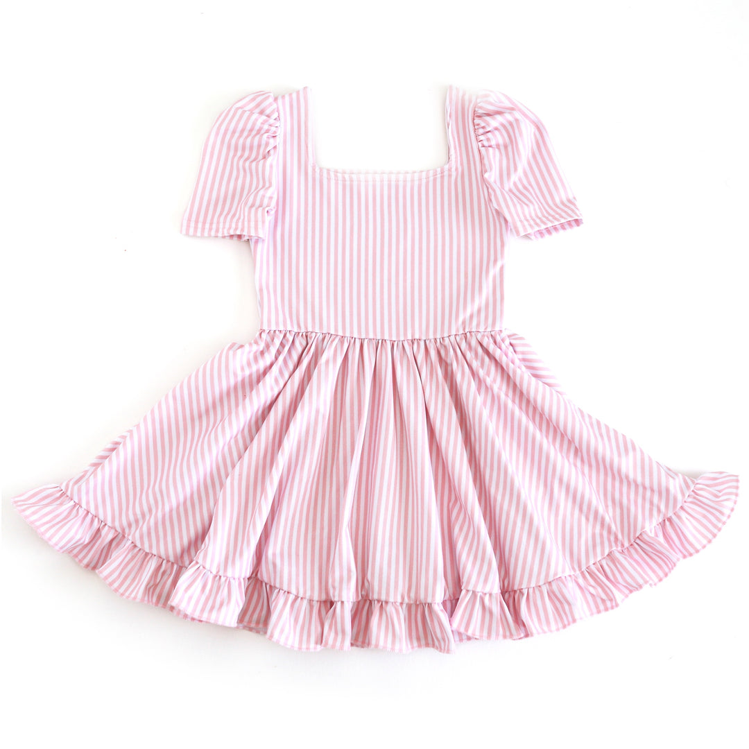 girls' white and light pink pinstripe twirl dress with square neckline and short puffed sleeves