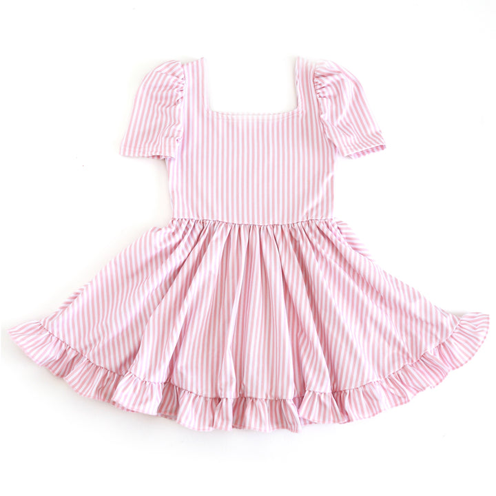 girls' white and light pink pinstripe twirl dress with square neckline and short puffed sleeves