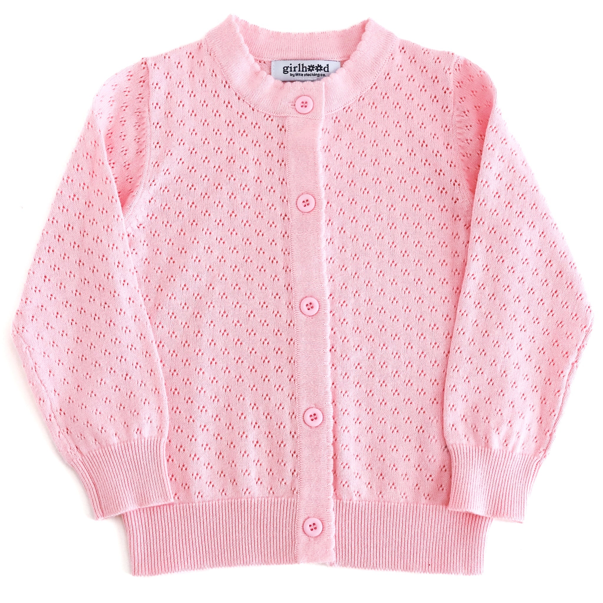 girls' pastel pink cotton pointelle knit cardigan with scalloped trim and buttons up the front