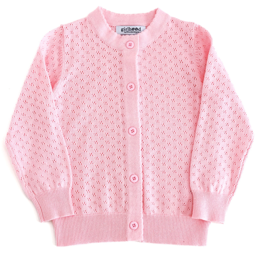 girls' pastel pink cotton pointelle knit cardigan with scalloped trim and buttons up the front