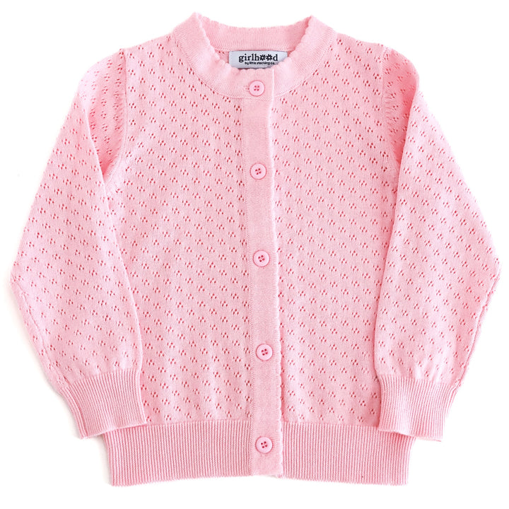 girls' pastel pink cotton pointelle knit cardigan with scalloped trim and buttons up the front
