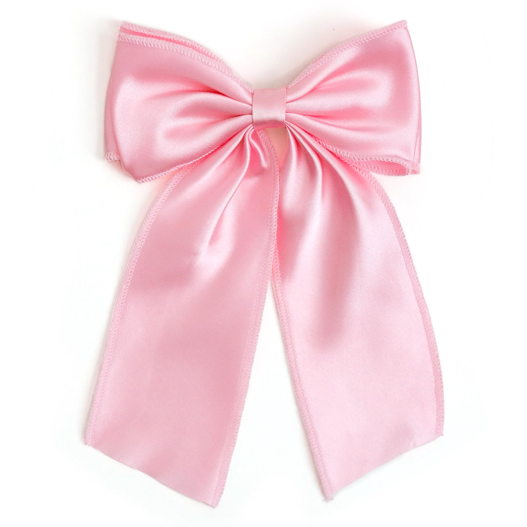 girls' light pink pink satin long tail holiday bow on clip