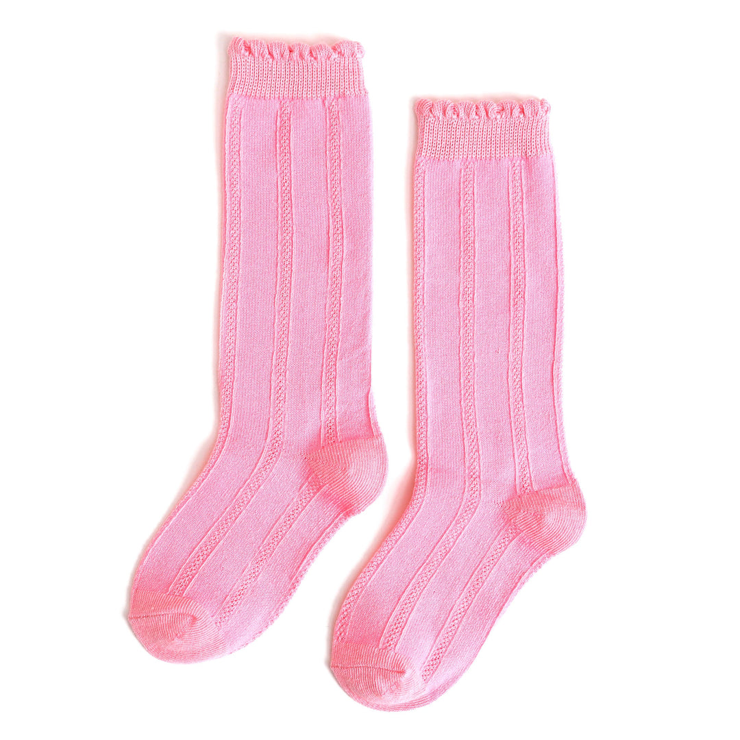 girls pink knee high socks with vertical knit detail and scalloped trim for Valentines Day