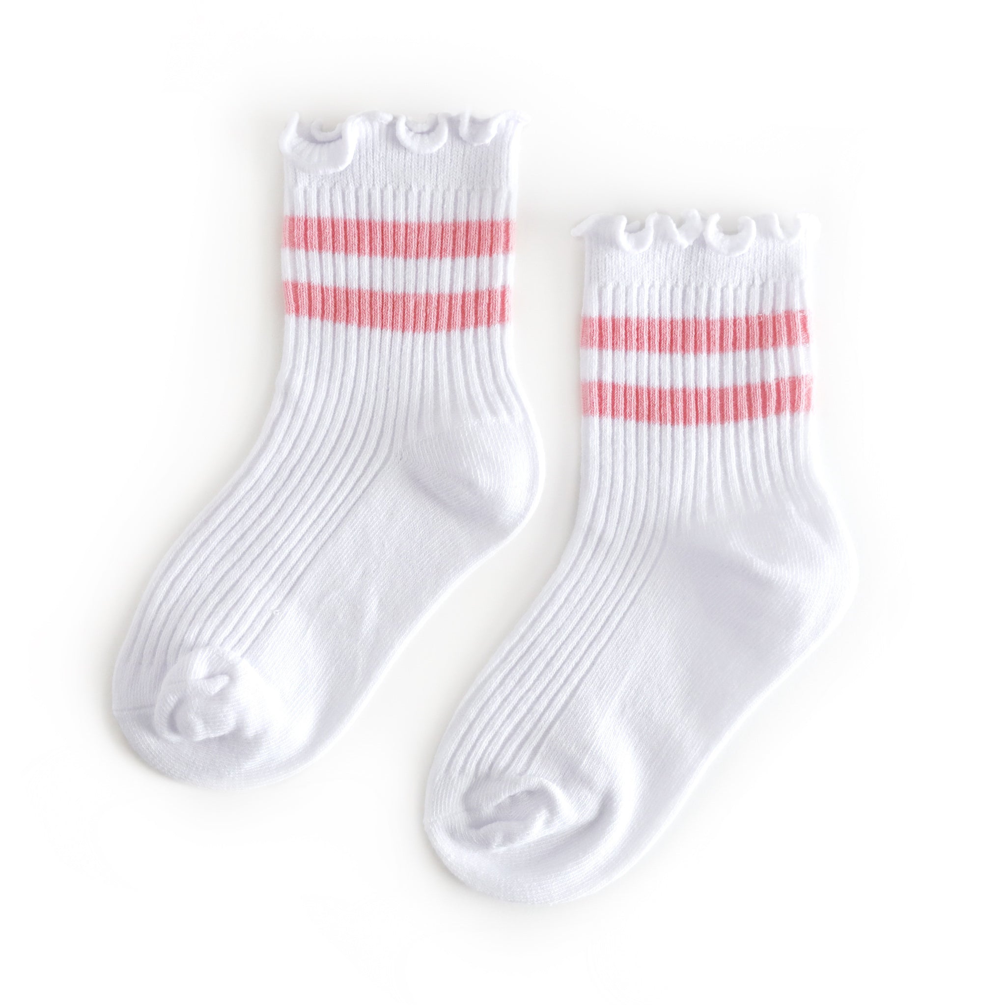 girls' white ribbed midi socks with light pink striped at the ankle and lettuce trim
