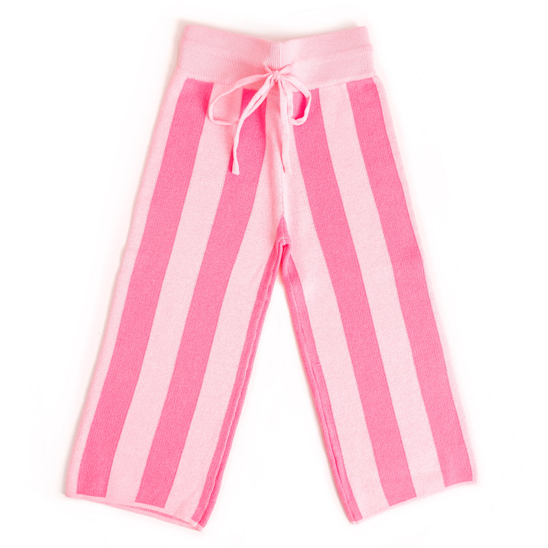 girl's cotton knit sweater pants with two-tone pink vertical stripes and functional drawstring waistband