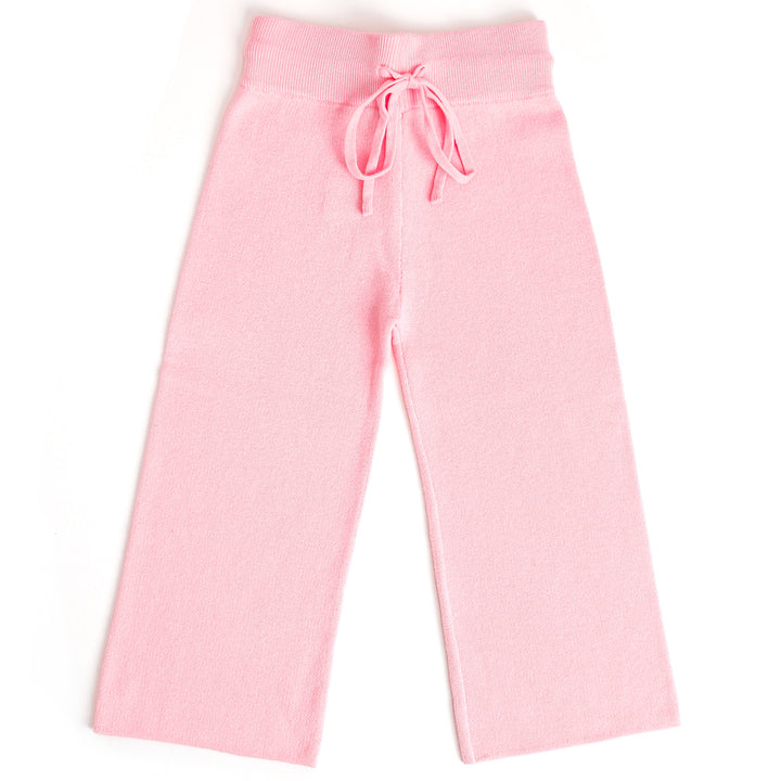 girl's pastel pink cotton knit sweater pants with adjustable drawstring waistband for spring sweater sets