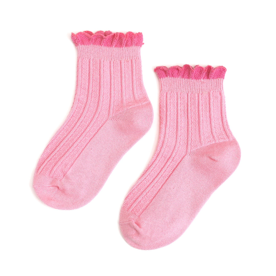 girl's two tone pink midi socks for spring with light pink base and taffy pink scalloped trim