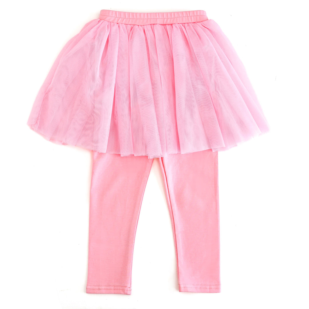 girls' tutu leggings in pink featuring tulle skirt attached to stretchy cotton blend leggings for Halloween, birthday and magical outfits
