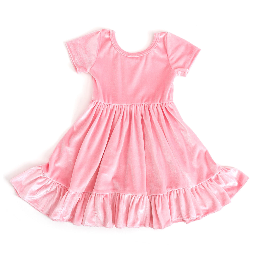 girl's pastel pink short sleeve velvet twirl dress for Valentine's Day