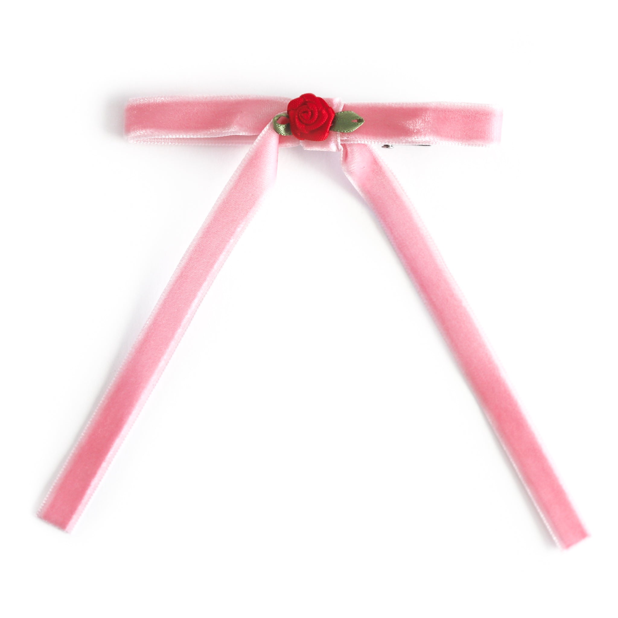 girls' light pink velvet ribbon hair bow with red rosette on alligator clip for Valentine's Day