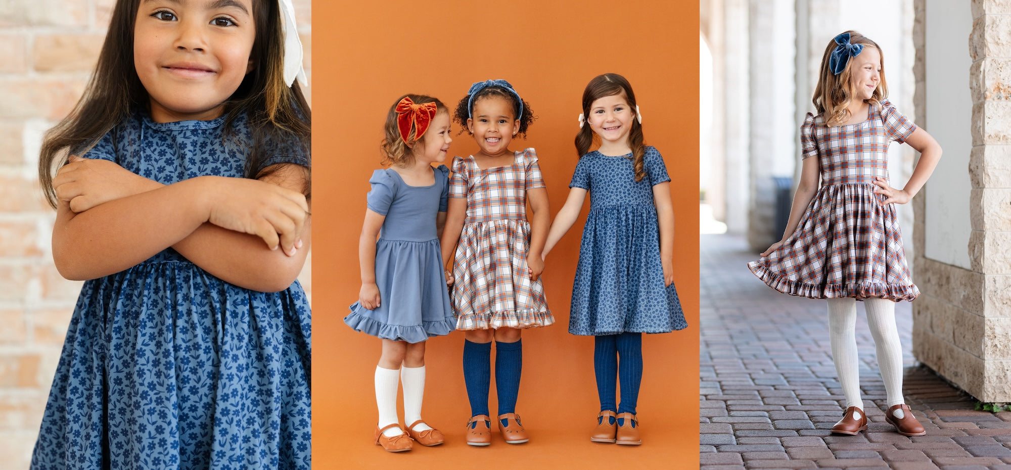 collage of images of little girls in denim blue and ivory fall outfits