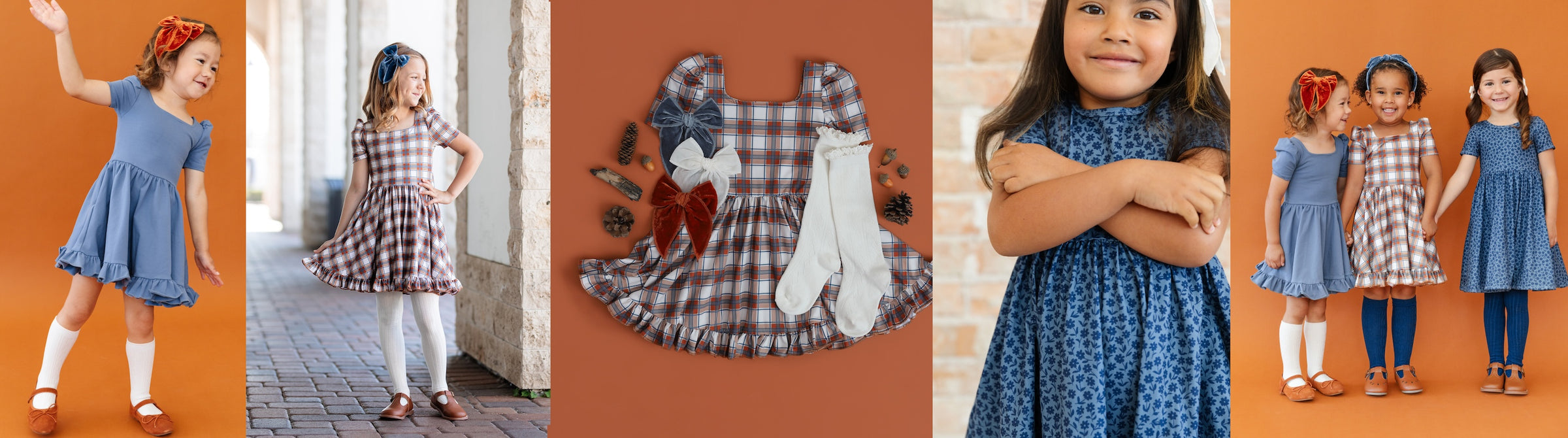 collage of images of little girls in denim blue and ivory fall outfits