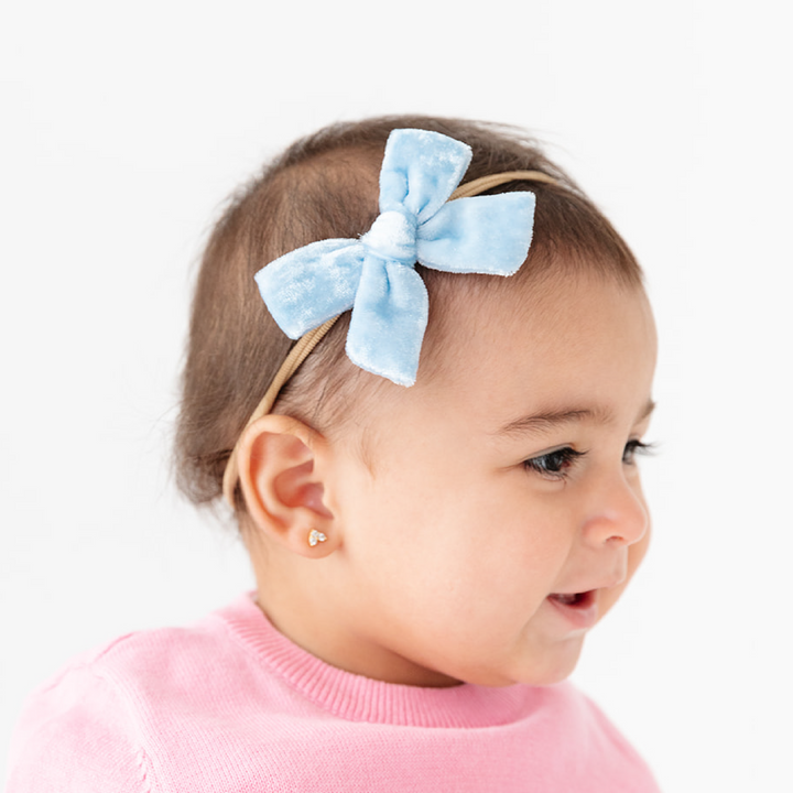 light blue velvet baby hair bow on nylon band