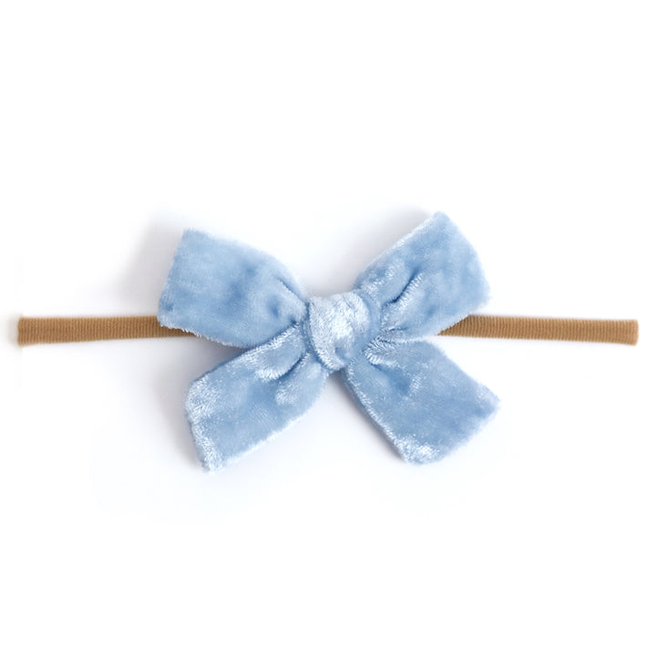 light blue velvet bow on soft nylon band for baby girl 