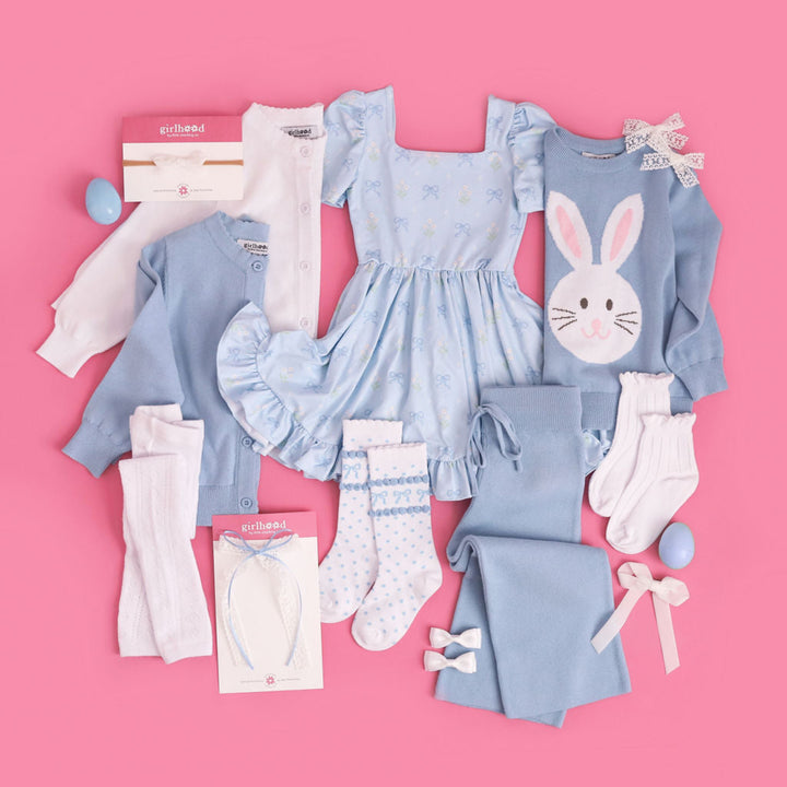 girl's mix and match bow to toe outfit pieces in shades of blue and white for Easter 