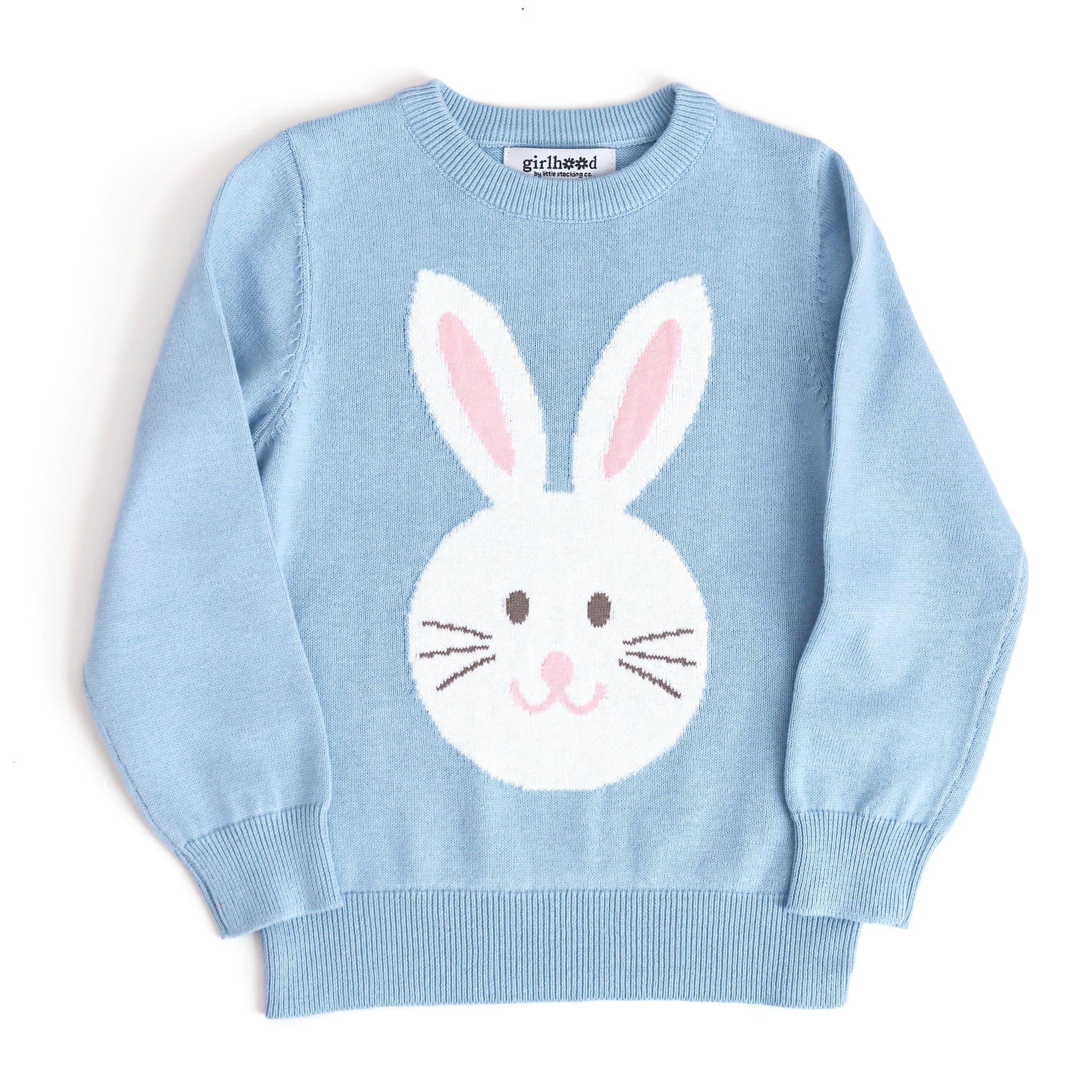 cotton knit pullover sweater in blue with white bunny design