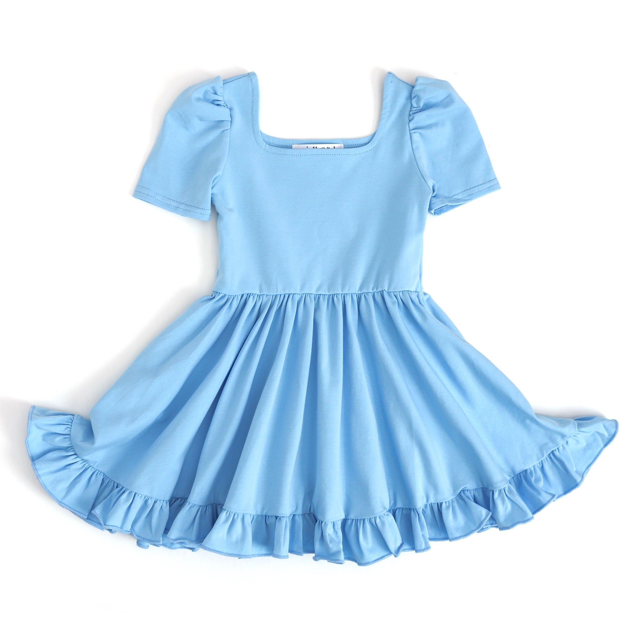 girls sky blue twirl dress with square neckline and ruffle skirt trim for spring