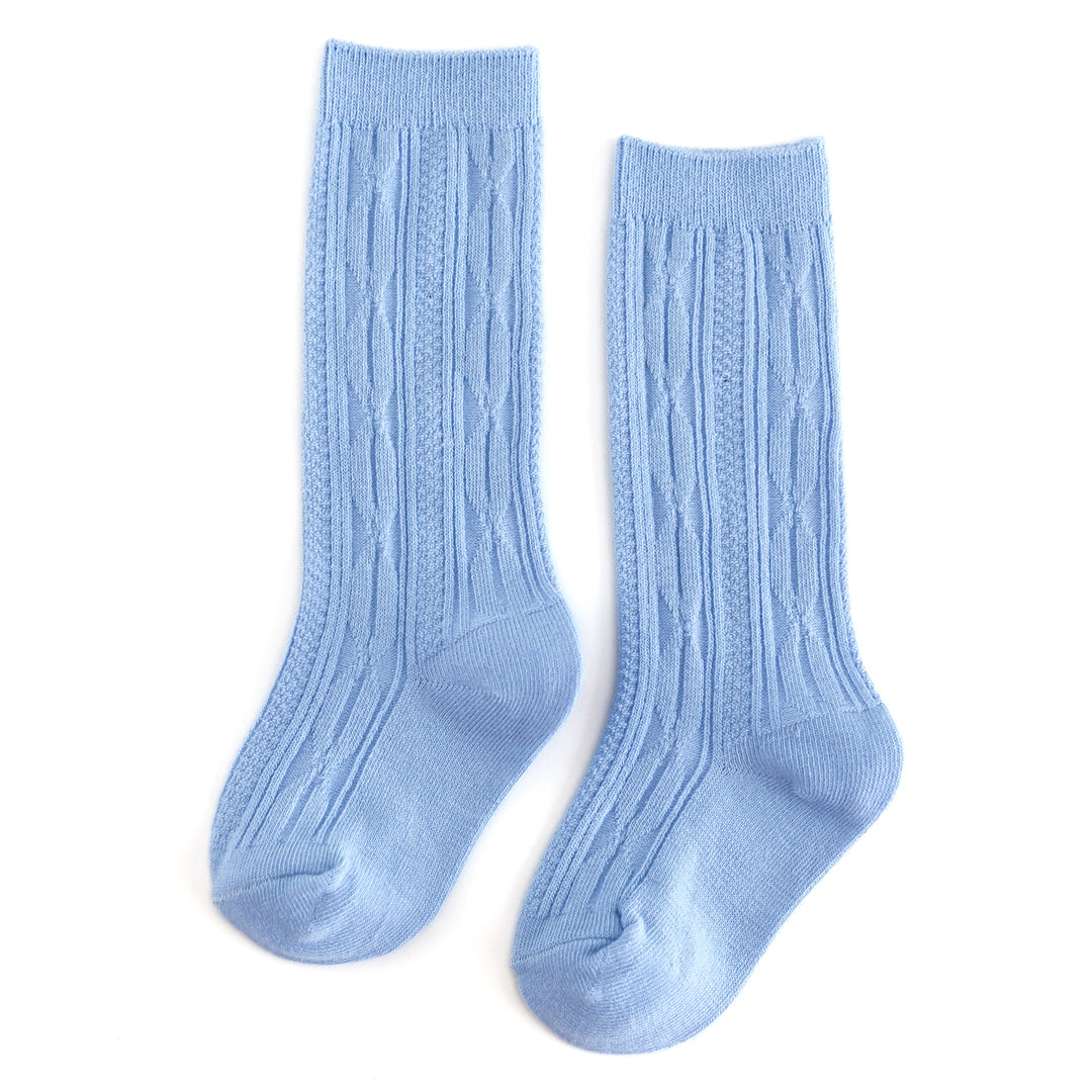girls' spring blue cable knit knee high socks to match easter and spring outfits