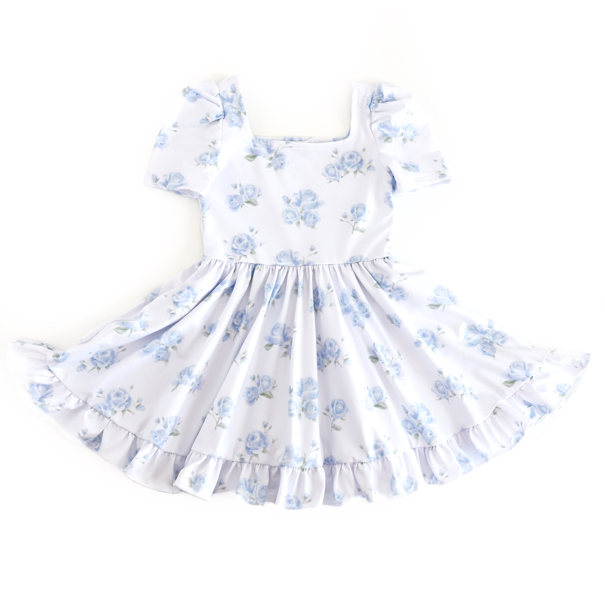 girls white short sleeve twirl dress with beautiful light blue rose print for spring