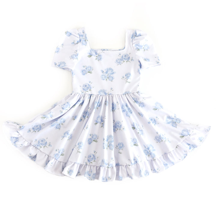 girls white short sleeve twirl dress with beautiful light blue rose print for spring