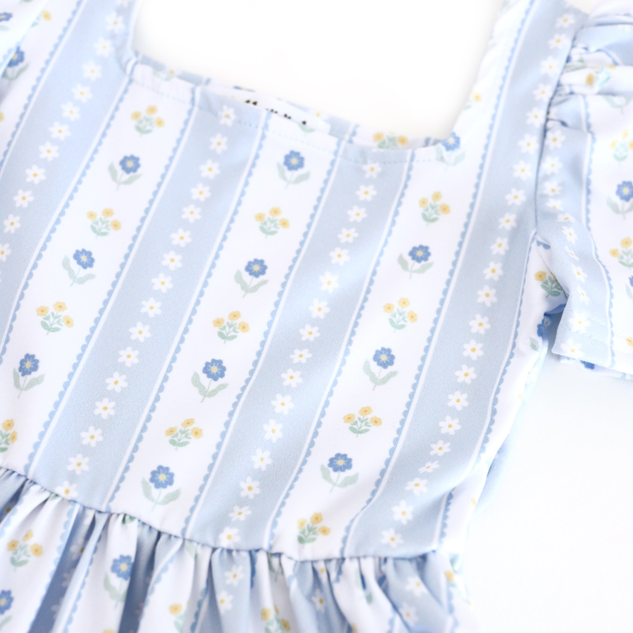 closeup of blue and white wallpaper inspired print with petite daisies for spring