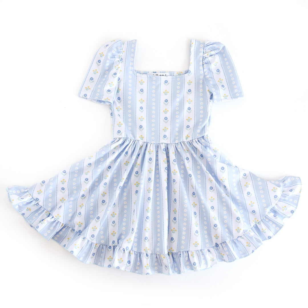 Girls' Pastel Blue & Yellow floral wallpaper twirl dress Little Stocking Company Girls' Pastel Blue & Yellow floral wallpaper twirl dress Little Stocking Company