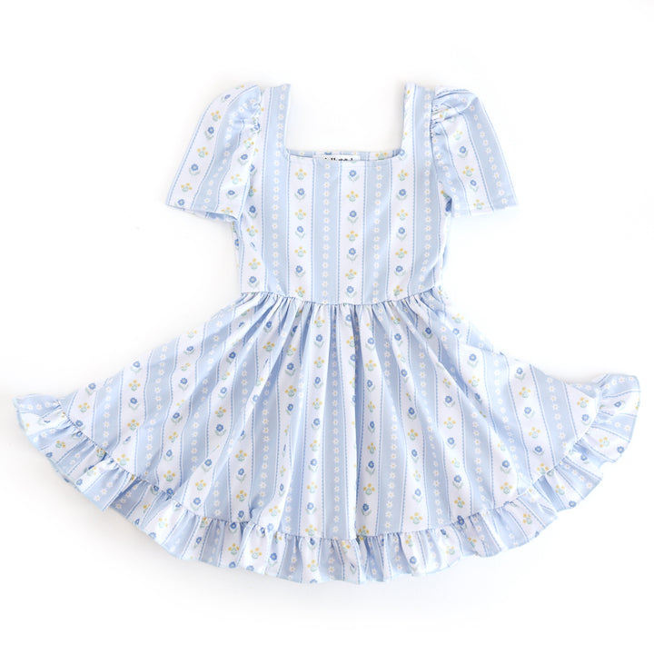 girls' pastel blue and white square neck twirl dress with dainty wallpaper inspired print for spring