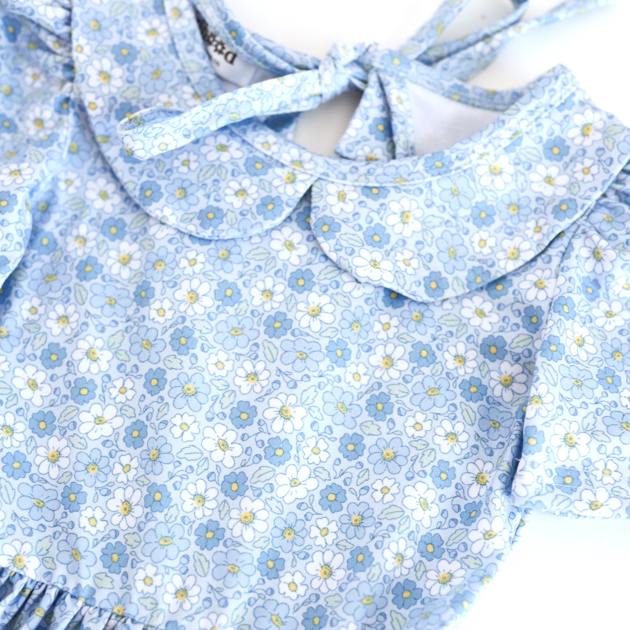 print closeup of dainty spring blue flower print on twirl dress with peter pan collar