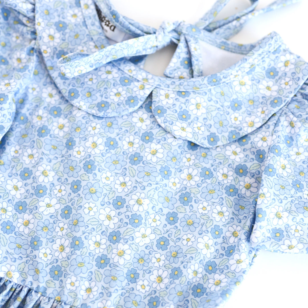 print closeup of dainty spring blue flower print on twirl dress with peter pan collar