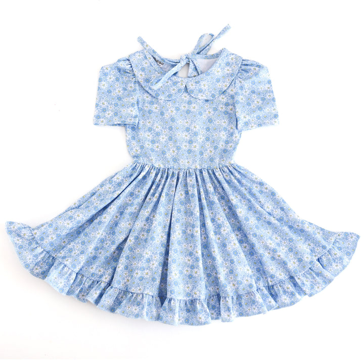 girls' petite light blue floral print twirl dress with collar and keyhole tie back for spring