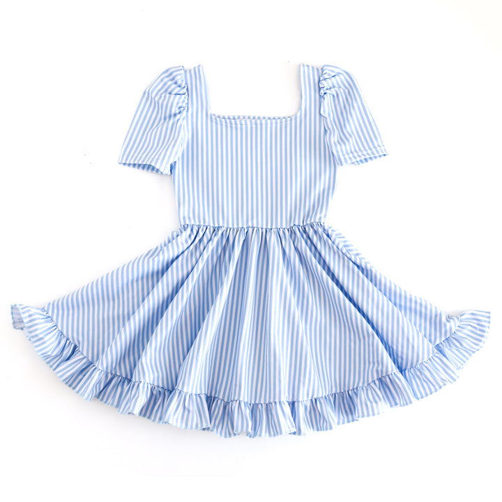 girls' white and pastel blue pinstripe twirl dress with square neckline and short puffed sleeves