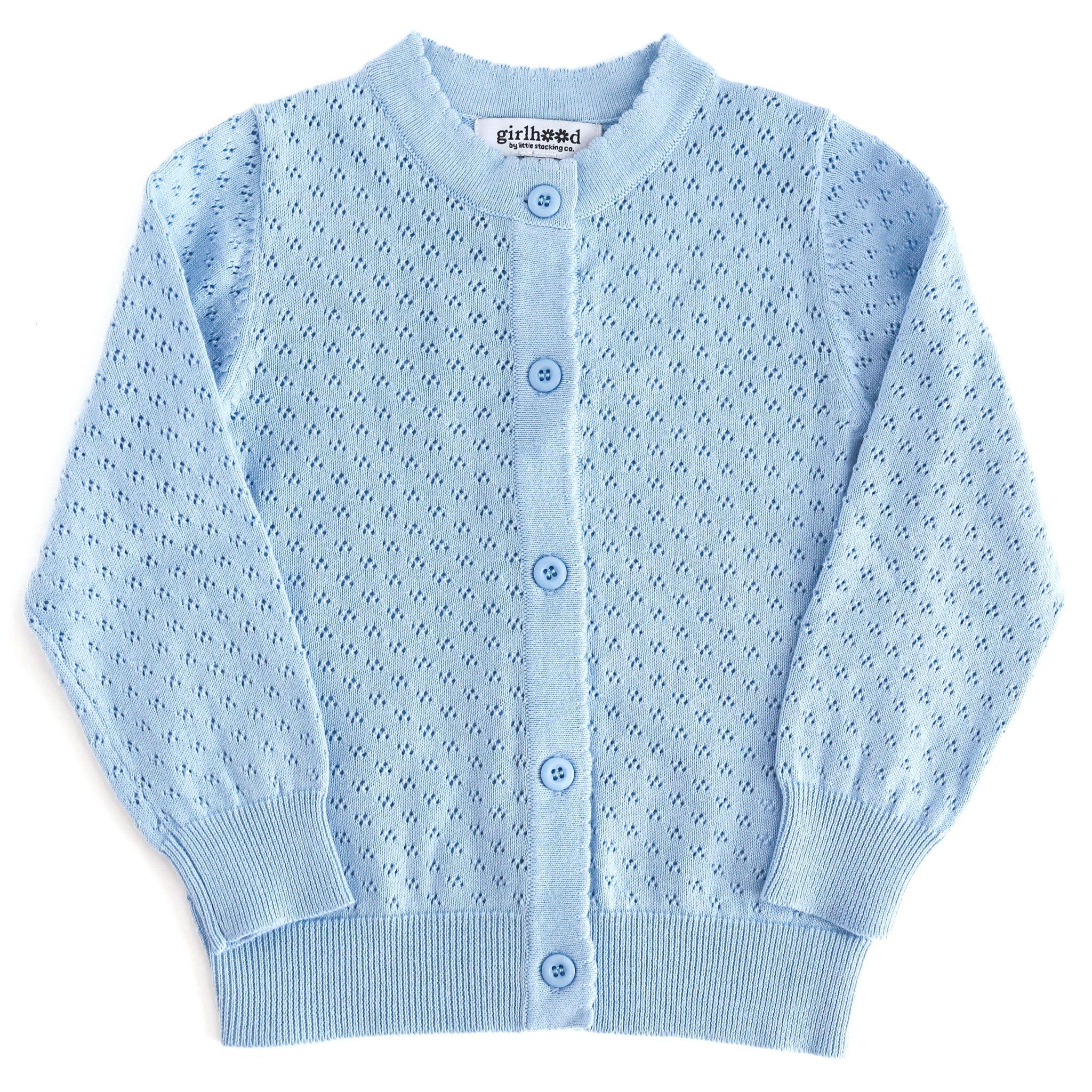girls' pastel blue cotton pointelle knit cardigan with scalloped trim and buttons 