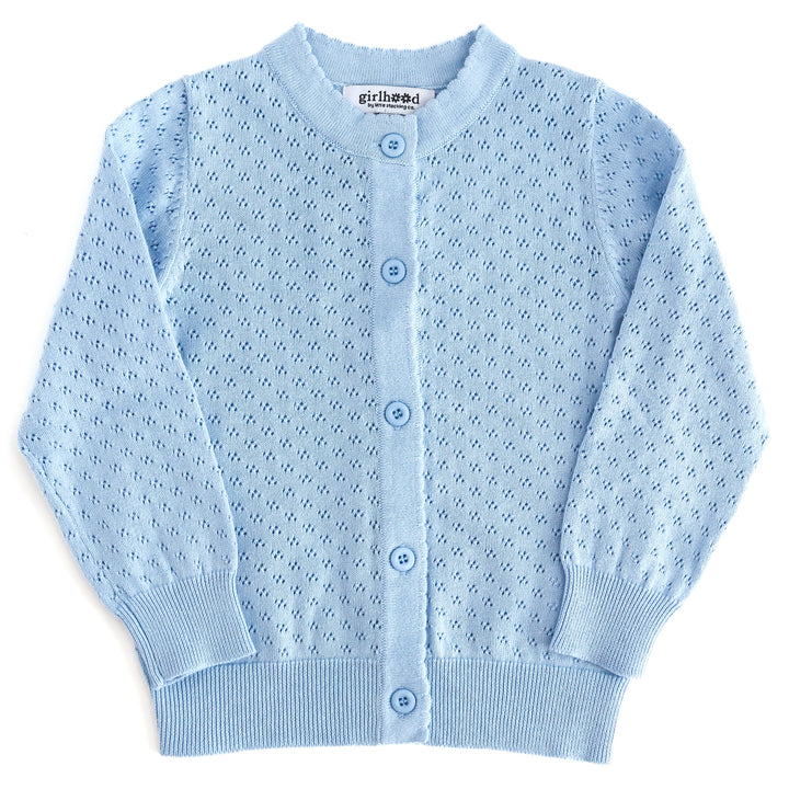 girls' pastel blue cotton pointelle knit cardigan with scalloped trim and buttons 