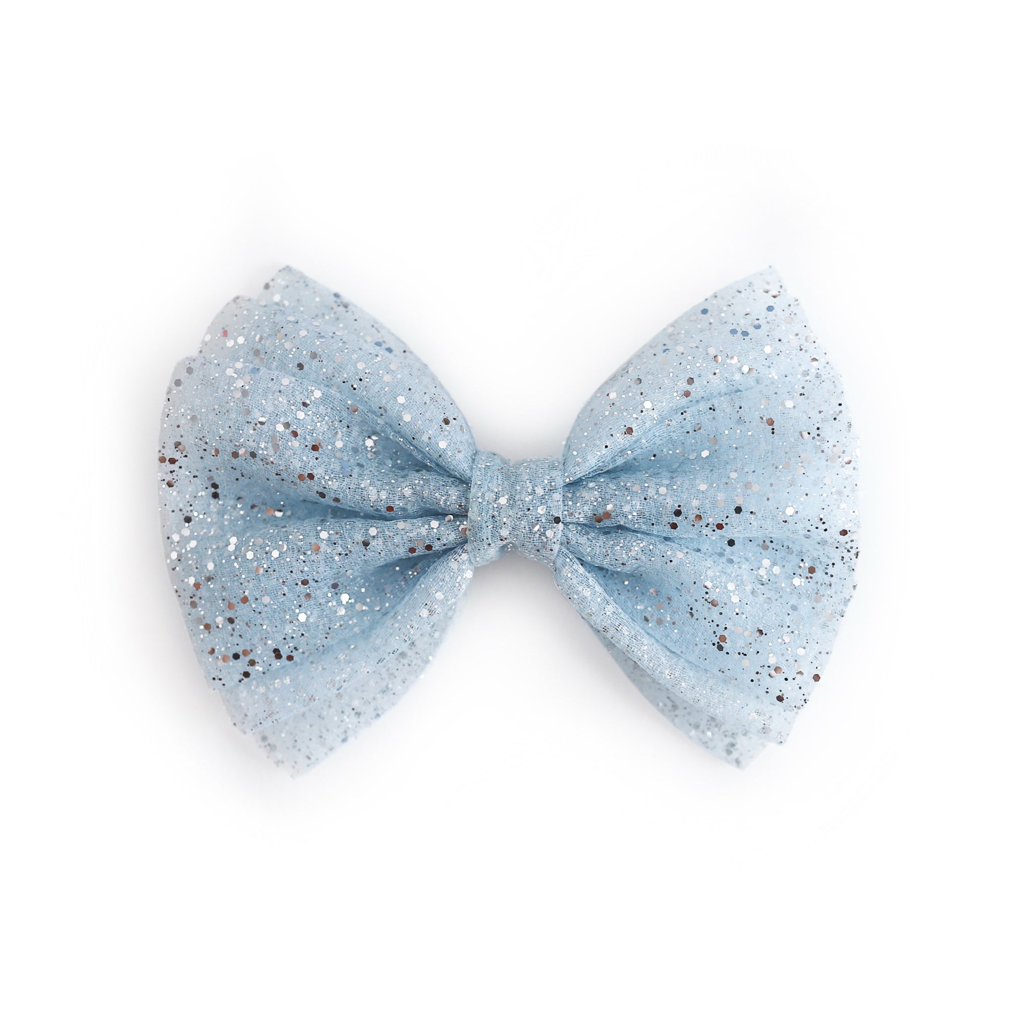 girls' light blue tutu bow with silver sparkles on clip