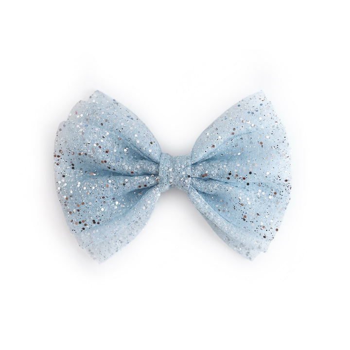 girls' light blue tutu bow with silver sparkles on clip