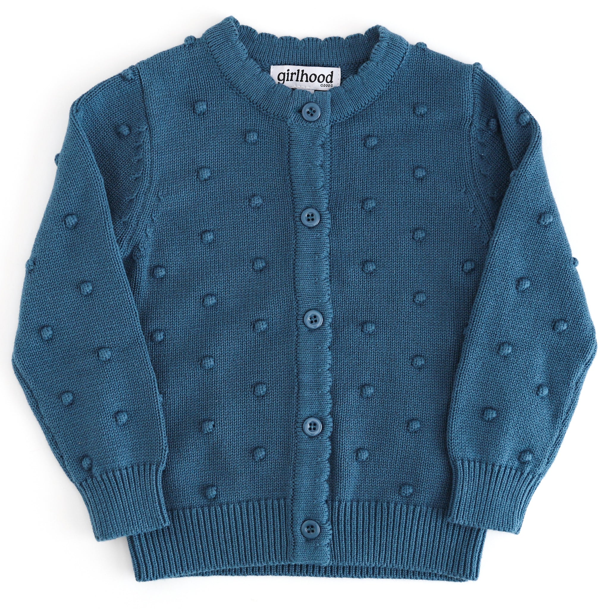 girls fall blue cotton knit cardigan with raised bubble texture, button front and scalloped placket on white background