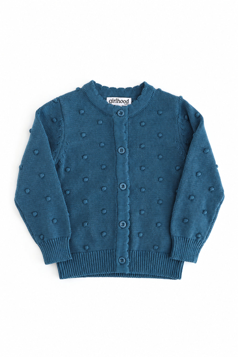 girls fall blue cotton knit cardigan with raised bubble texture, button front and scalloped placket on white background