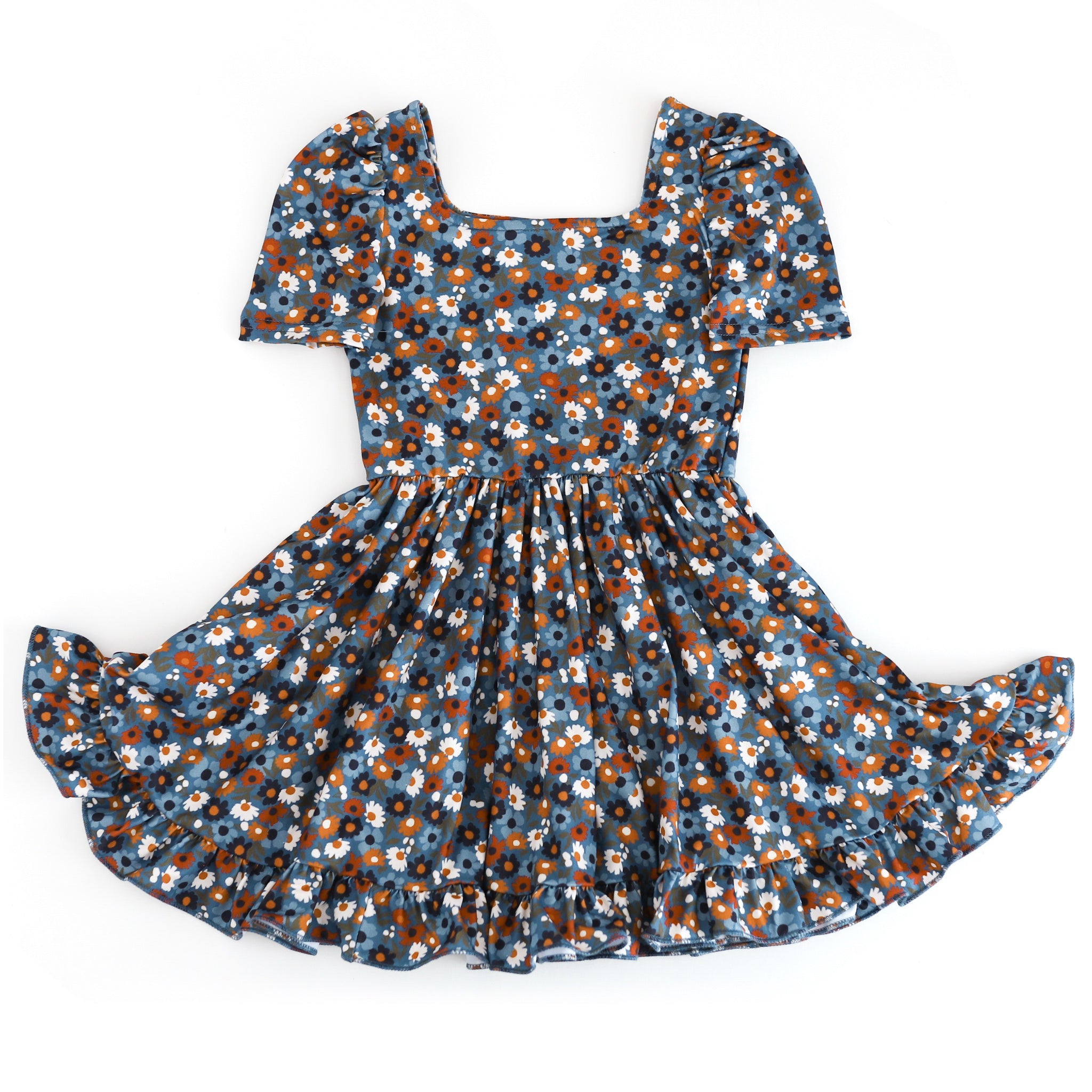 girls' blue fall floral print twirl dress with square neckline, short sleeves and ruffled hem