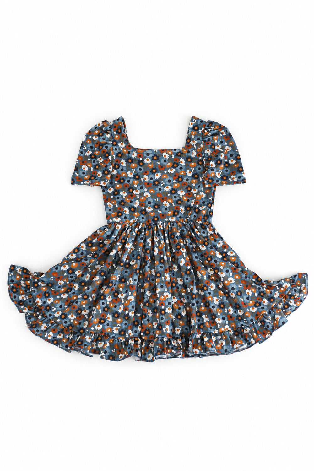 girls' blue fall floral print twirl dress with square neckline, short sleeves and ruffled hem